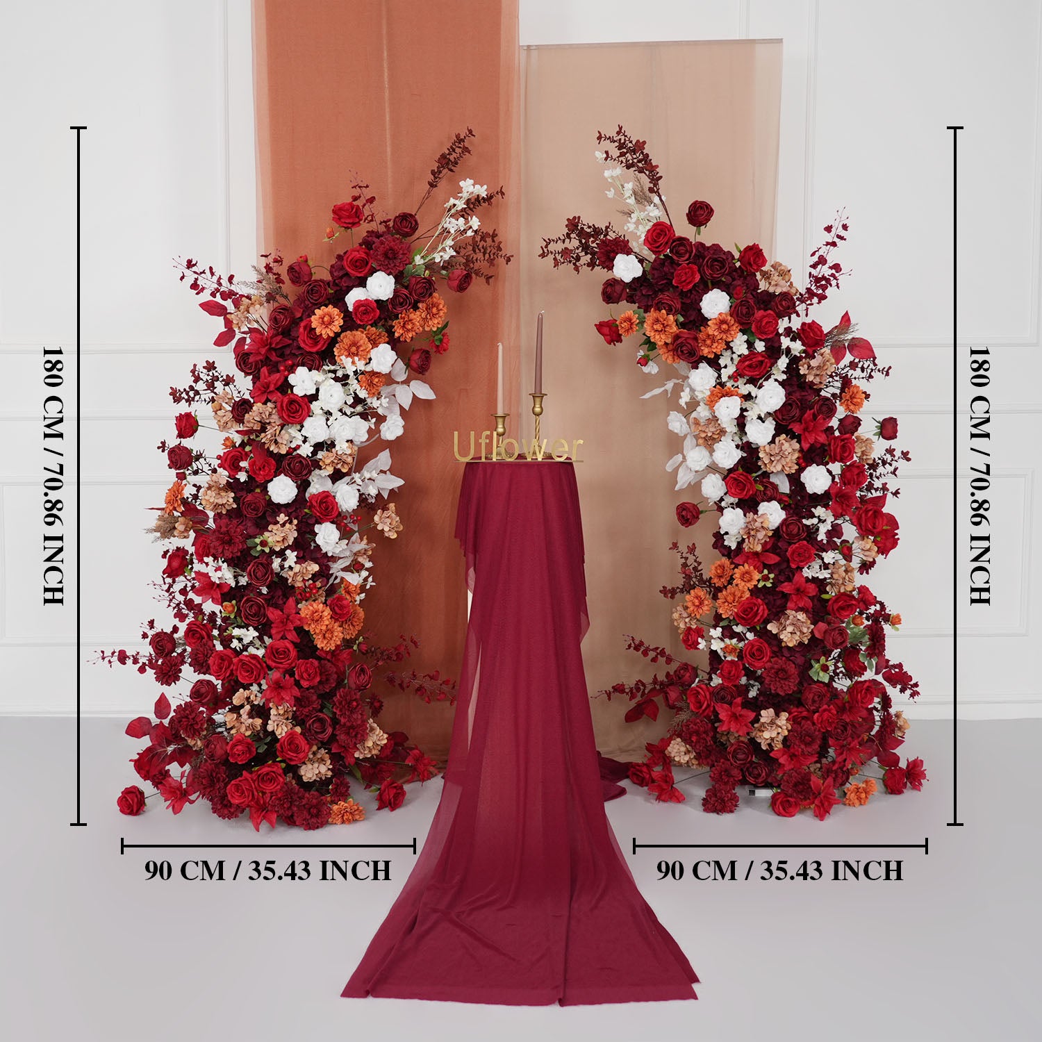 Uflower Autumn Red Rose Floral Arrangement Horn Arch Wedding Backdrop Decor